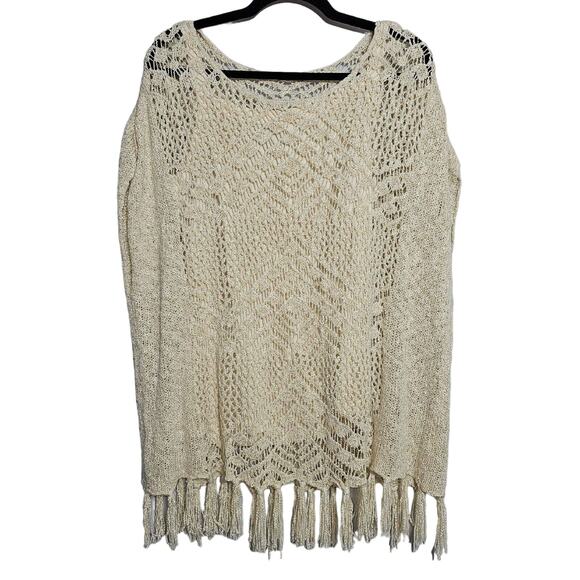 ONE WORLD Sweaters - One World Womens Size M Cream Bohemian Crochet Fringe Layered Sweater Beach BOHO
